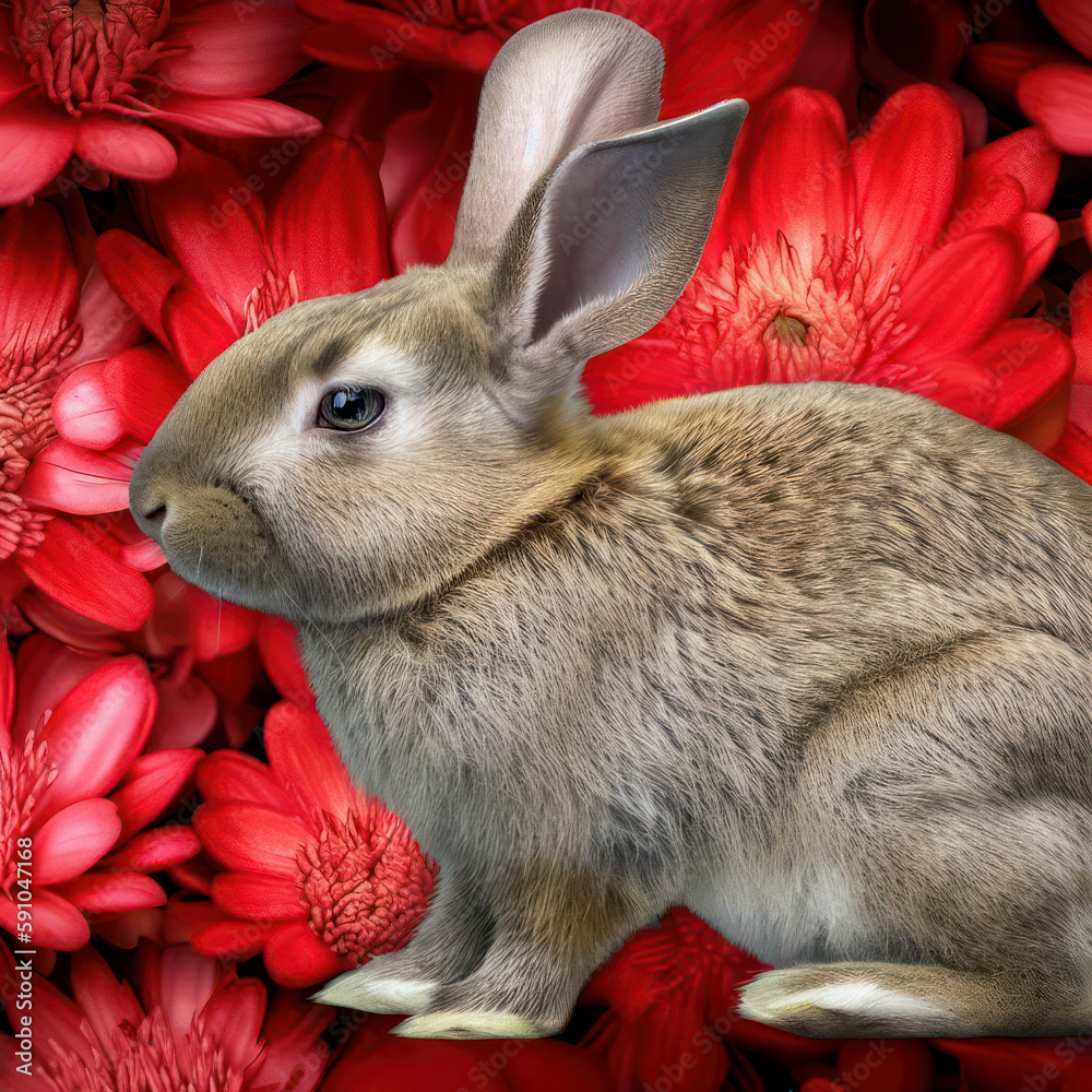 Rabbit among red flowers, symbolizing Chinese lunar New Year