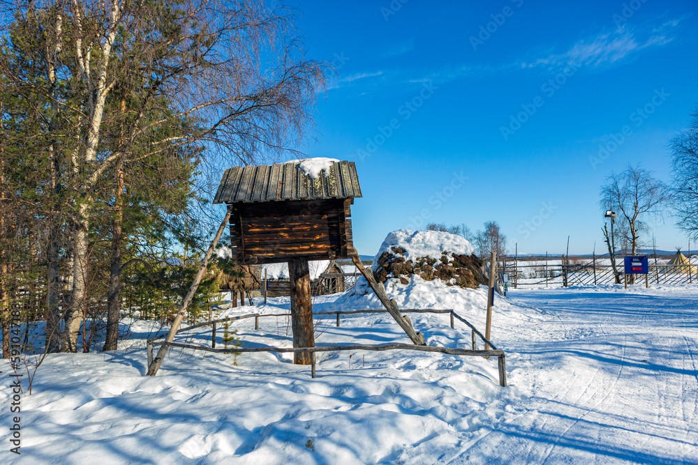 Sami village in Kiruna in Sweden. Lapland with reindeer and huts