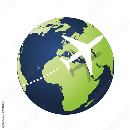 Traveling Around the World - Travel by Airplane - Modern Style Earth Globe Design with Airplane Flying Around the World - Concept Isolated on White Background - Vector Illustration