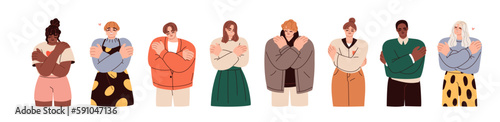 Self love, care, support, psychology concept. Embracing yourself, own body. Happy men, women respect, proud of herself. Healthy esteem. Flat graphic vector illustration isolated on white background