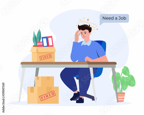 Man sitting with offices box with things and need a new job concept of Layoff, crisis.
