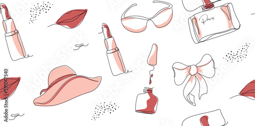 Elegant single line seamless background with trendy elements. glasses, hat, lips, dot in a minimalist style. Fashion illustration for print, paper. cosmetics, banner.  line art. fashion, beauty