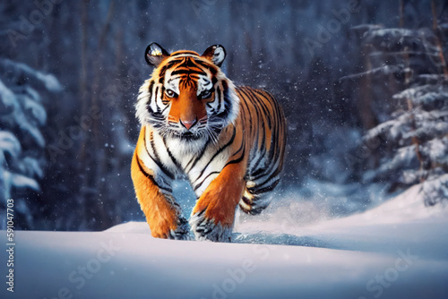Endangered Amur tiger running in the cold winter snow in tajga, generative AI