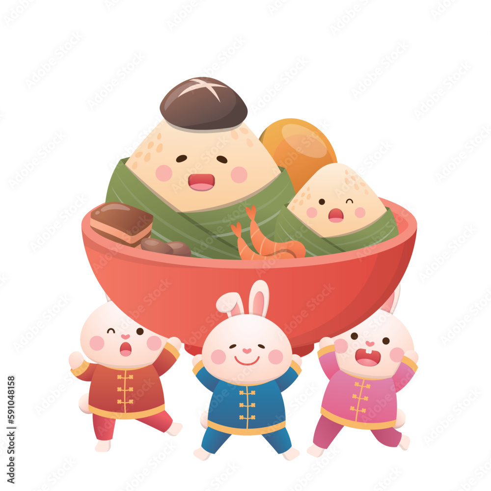 Cute rice dumplings and rabbits celebrate the Dragon Boat Festival, delicious Chinese traditional glutinous rice food Cute rice dumplings and rabbits celebrate the Dragon Boat Festival, delicious Chinese traditional glutinous rice food