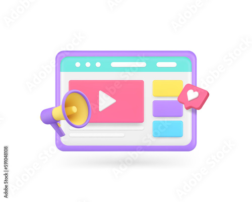 Video marketing digital multimedia content advertising web internet browser 3d icon realistic vector