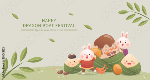 Chinese dragon boat festival, poster with cute rabbit and zongzi mascot