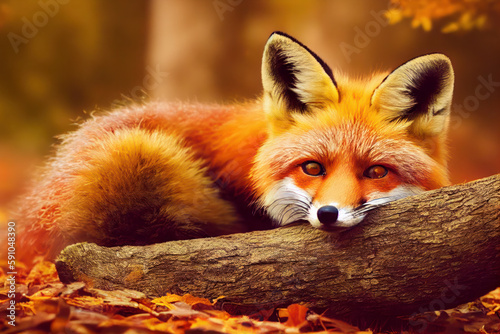 Cute red fox with a bushy tail in a colorful fall forest, generative ai