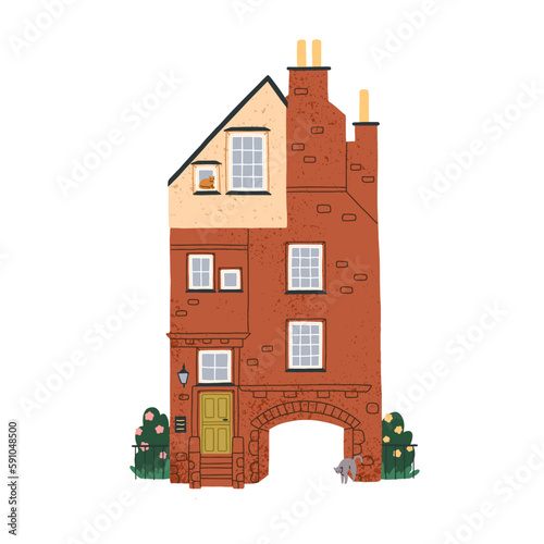 Old house building from red brick. English home exterior, facade in England c...