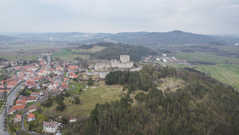 The castle Rábí.
The most powerful castle in the Czech Republic. A castle from the 13th century. Aerial shot of a castle in a picturesque landscape in the center of Europe. Castle ruins