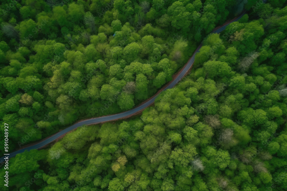 Aerial view green forest and asphalt road, Top view forest road going through forest with car adventure, Ecosystem ecology healthy environment road trip travel