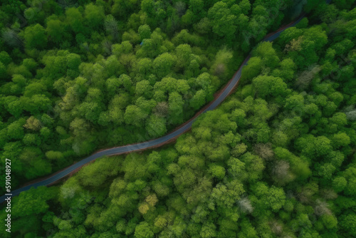 Aerial view green forest and asphalt road, Top view forest road going through forest with car adventure, Ecosystem ecology healthy environment road trip travel © ttonaorh