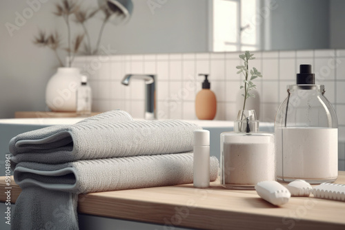 Toiletries  bath containers  and towels on a tabletop  with montage space in the background over a Scandinavian minimalist bathroom interior