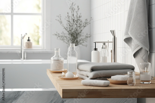Toiletries  bath containers  and towels on a tabletop  with montage space in the background over a Scandinavian minimalist bathroom interior