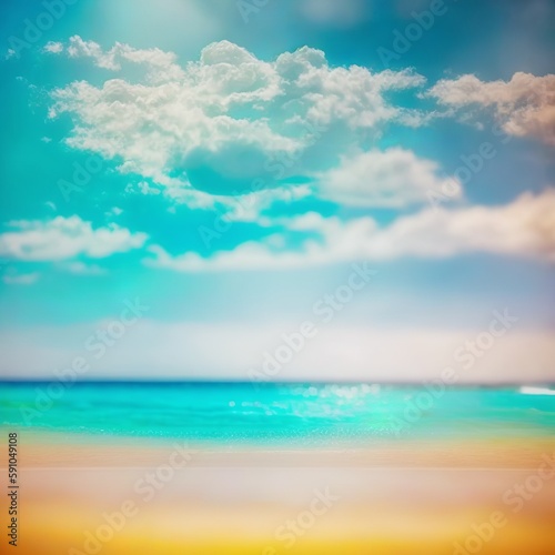 Abstract blur defocused background. Tropical summer beach with golden sand, turquoise ocean and blue sky with white clouds on bright sunny day. Colorful landscape for summer holidays Generative AI