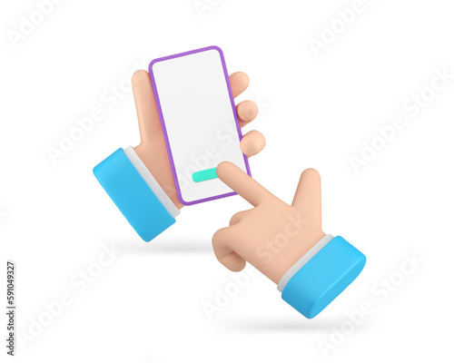 Smartphone application hand click button empty screen copy space menu 3d icon realistic vector