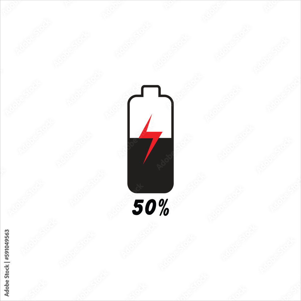 Mobile phone battery charging flat vector illustration, 50% charging bar vector illustration. Mobile phone battery charging flat vector illustration, 50% charging bar vector illustration.