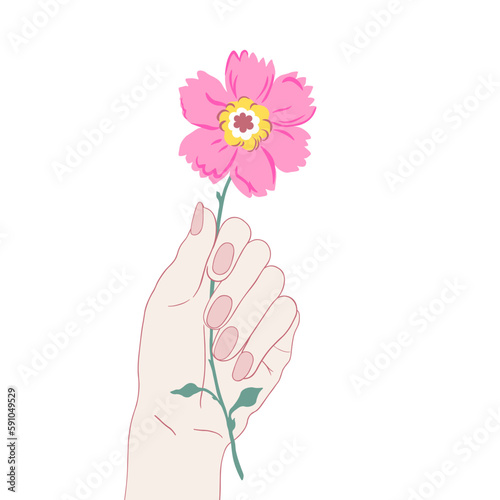 In his hand is a pink flower on a light background. Flowers in the hands. Vector illustration. Flat style
