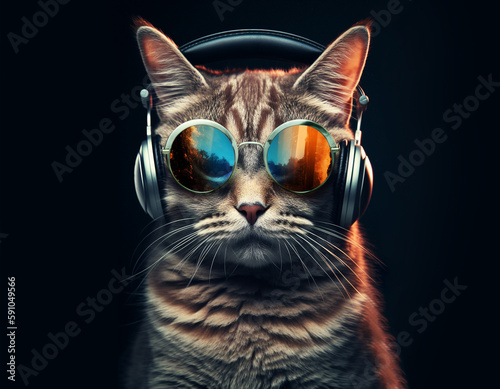 Creative cool hipster cat with round sunglasses listens to music in headphones on a dark background. Generative AI