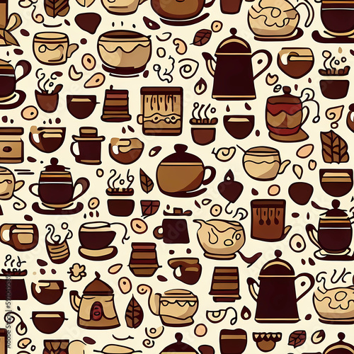 Seamless patterns of coffee, tea, cappuccino. Generative AI.