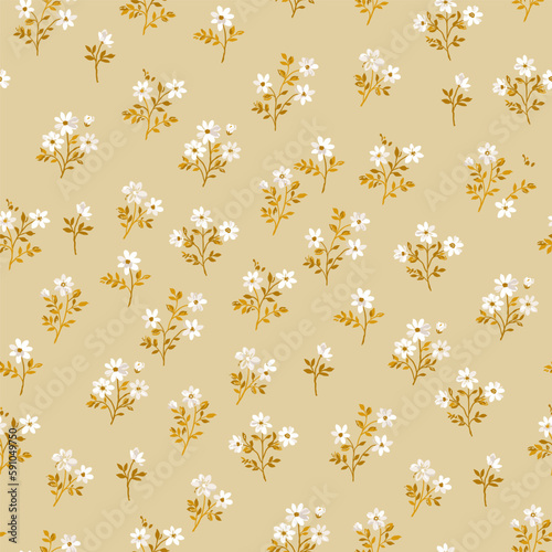 Floral pattern. Beautiful flowers on a beige background. Print with small white flowers. Seamless vector texture. Spring bouquet. Vector image from the stock.