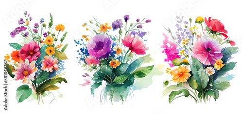 Watercolor spring flowers, Spring florals. Generative AI