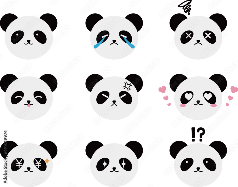 いろいろな表情の顔アイコン9種セット　パンダさん