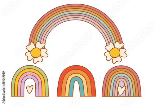 Set of hipster retro cool rainbow psychedelic elements. Funky illustration in vintage hippy style.