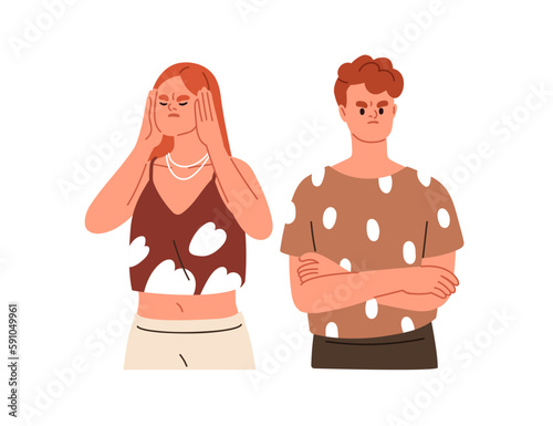 Misunderstanding in couple relationship. Angry upset woman and man in conflict, crisis, problem. Disagreement, miscommunication concept. Flat graphic vector illustration isolated on white background
