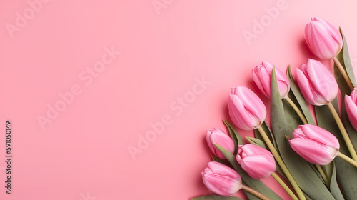 Spring flowers bouquet of tulips on pink background top view in flat lay style. Greeting for women or Mother's Day or Spring Sale Banner. Generative AI