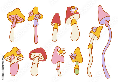 Set of mushrooms in the style of the 70s. Psychedelic abstract mushrooms, hippie style.