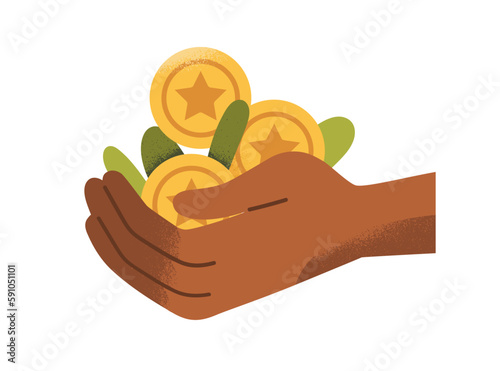 Rich wealthy hand holding golden coins, cash heap. Wealth, finance, financial fortune, prosperity concept. Gold earnings, reward, bonus. Flat vector illustration isolated on white background