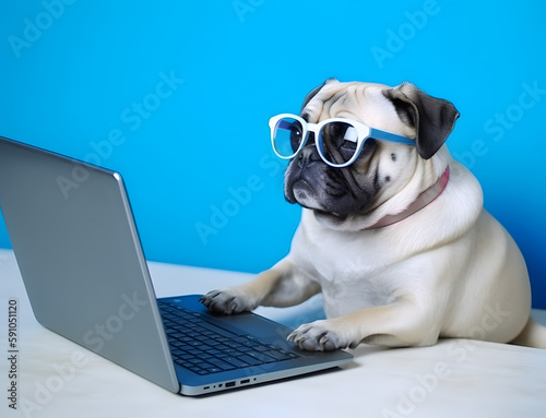 Cute pug dog with glasses. Concept of pet gamer, programmer or national pet day. © May Thawtar