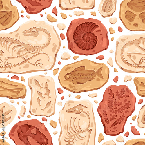 Seamless paleontology pattern with ancient fossils, dinosaur skeleton prints, remains. Archeology background, endless prehistoric texture design, repeating print. Flat graphic vector illustration
