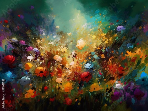A magnificent, abstract, colorful spring flower meadow as a painting - Generative AI