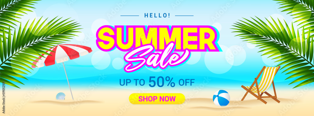 Summer Sale promotion banner background vector illustration. Summer beach template