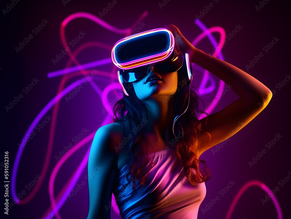 Young woman with VR headset and experiencing virtual reality, metaverse and fantasy world. Young woman with VR headset and experiencing virtual reality, metaverse and fantasy world.