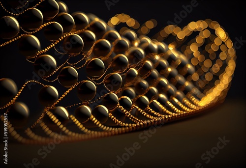 Background of strands of gold beads on transparent fishing line. The beads are arranged in a vertical wave. Beautiful stylish background in black and gold colors. 3d illustration. Generative AI