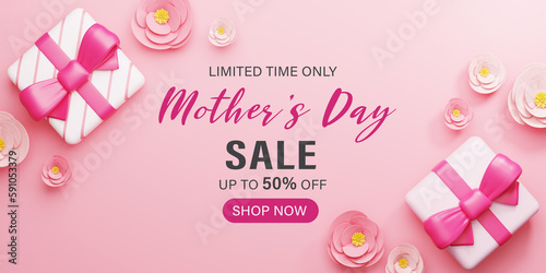 3d Rendering. Mother's Day Sale Banner illustration. Gift box and rose flower on pink background. © PW.Stocker