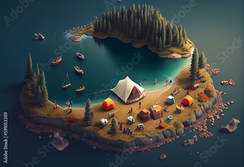 Isometric graphic of campers and hikers at a lake  complete with a lakeside tent and boating vacationers. Generative AI