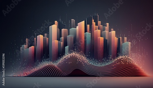 Futuristic smart cities, abstract dots, gradient lines, and aesthetic all work together. Complex wave lines with the idea of a huge data link. Generative AI. #591053396