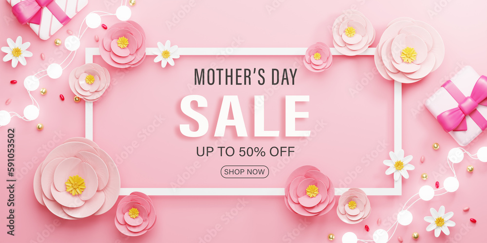 3d Rendering. Mother's Day Sale Banner illustration. rectangle frame and pink rose flower on pink background.