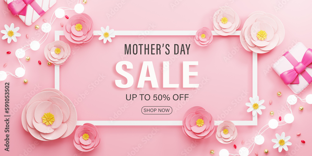 3d Rendering. Mother's Day Sale Banner illustration. rectangle frame and pink rose flower on pink background. 3d Rendering. Mother's Day Sale Banner illustration. rectangle frame and pink rose flower on pink background.