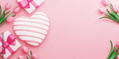 3d Rendering. Design for Mother's Day and Valentine Day illustration. Heart shape and Gift box, tulip flower on pink background. With Copy space.