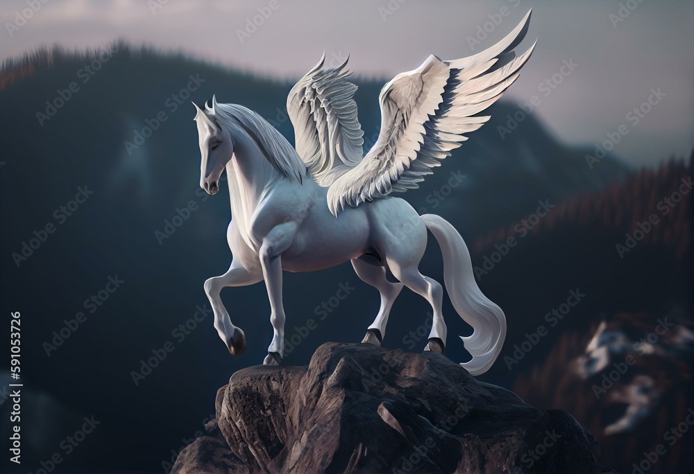 Pegasus, the all white, horse with wings from Greek mythology stands ...