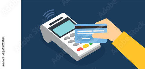 Payment terminal with credit card. Vector illustration in flat style.