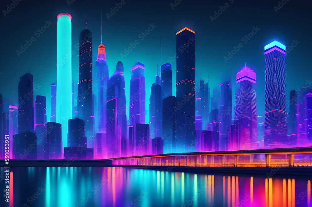Illustration of a modern neon city on the edge of the coast, made by Ai