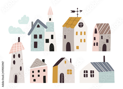 Cute little cartoon houses isolated clip arts set, small funny buildings in Scandinavian style. Tiny urban or village scandi homes with windows, windvane, chimneys, flat vector illustrations bundle