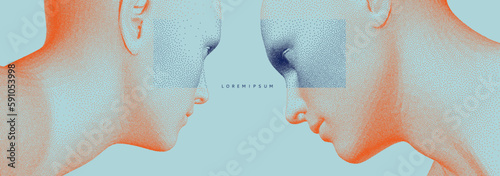 Two opponents facing each other. Conflict. People talk face to face. The concept of rivalry. Abstract digital human head made from dots. 3d vector illustration for banner, poster, cover or brochure.
