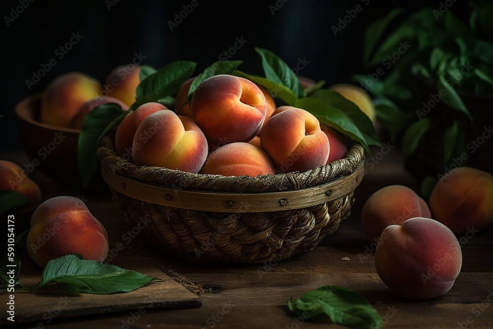 Peach on a wooden basket freshly harvested Peach on a wooden basket freshly harvested