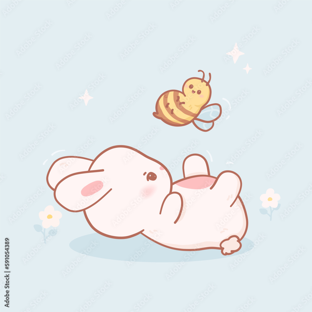 Kawaii bunny playing with bee. Vector Illustration of cute animals in pastel colors and cartoon style Kawaii bunny playing with bee. Vector Illustration of cute animals in pastel colors and cartoon style